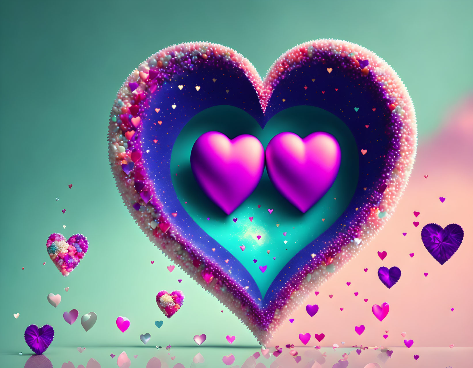 Sparkling heart artwork with smaller hearts on turquoise background