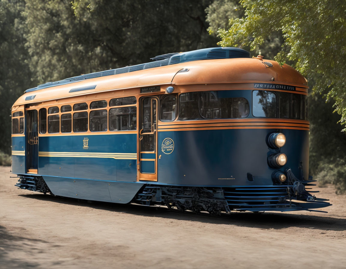 Classic Orange and Blue Streetcar on Tracks with Vintage Design