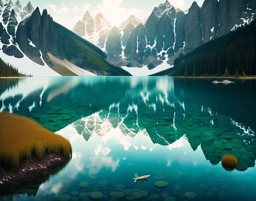 Snow-capped mountains reflected in serene alpine lake with floating canoe