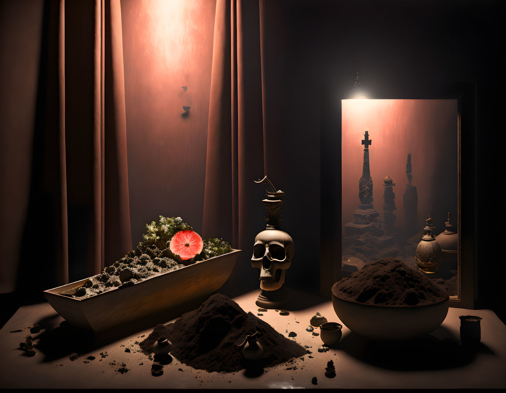 Skull, urn, coffin, grapefruit, and chess painting in still life composition