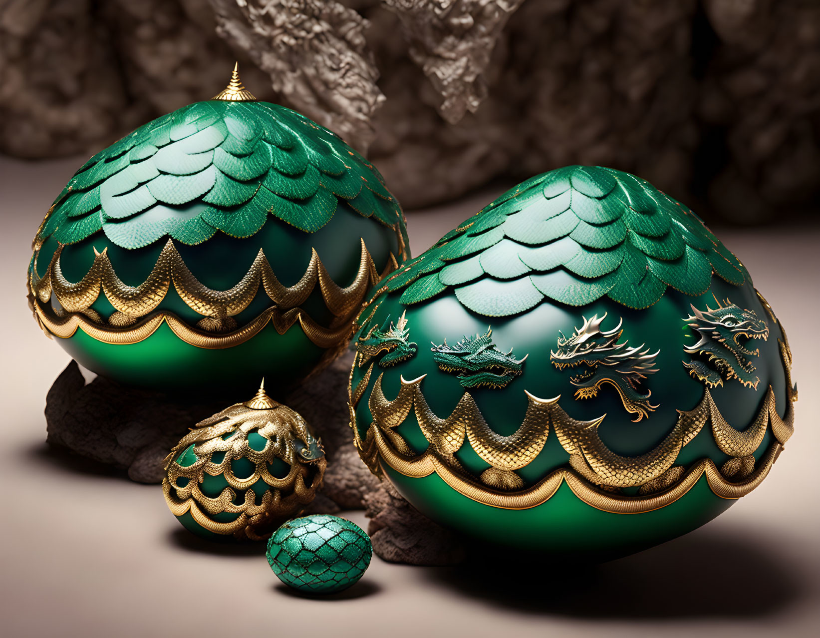 Three dragon-themed eggs with scales and gold detailing on textured rocks.