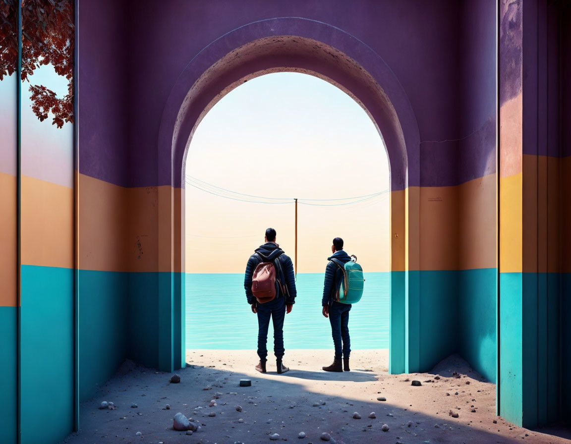 People under archway by colorful sea and sky