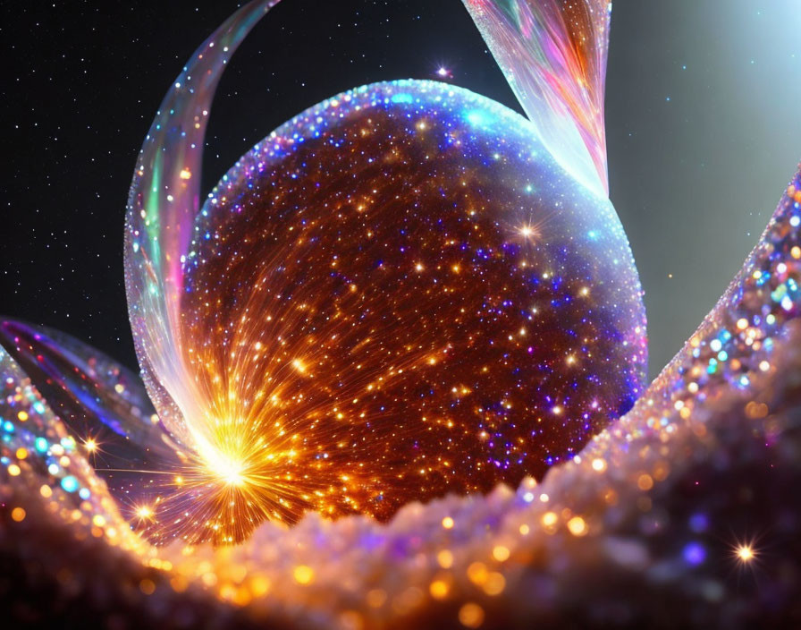 Colorful cosmic illustration: sparkling star-filled sphere and swirling energy ribbons on dark space background