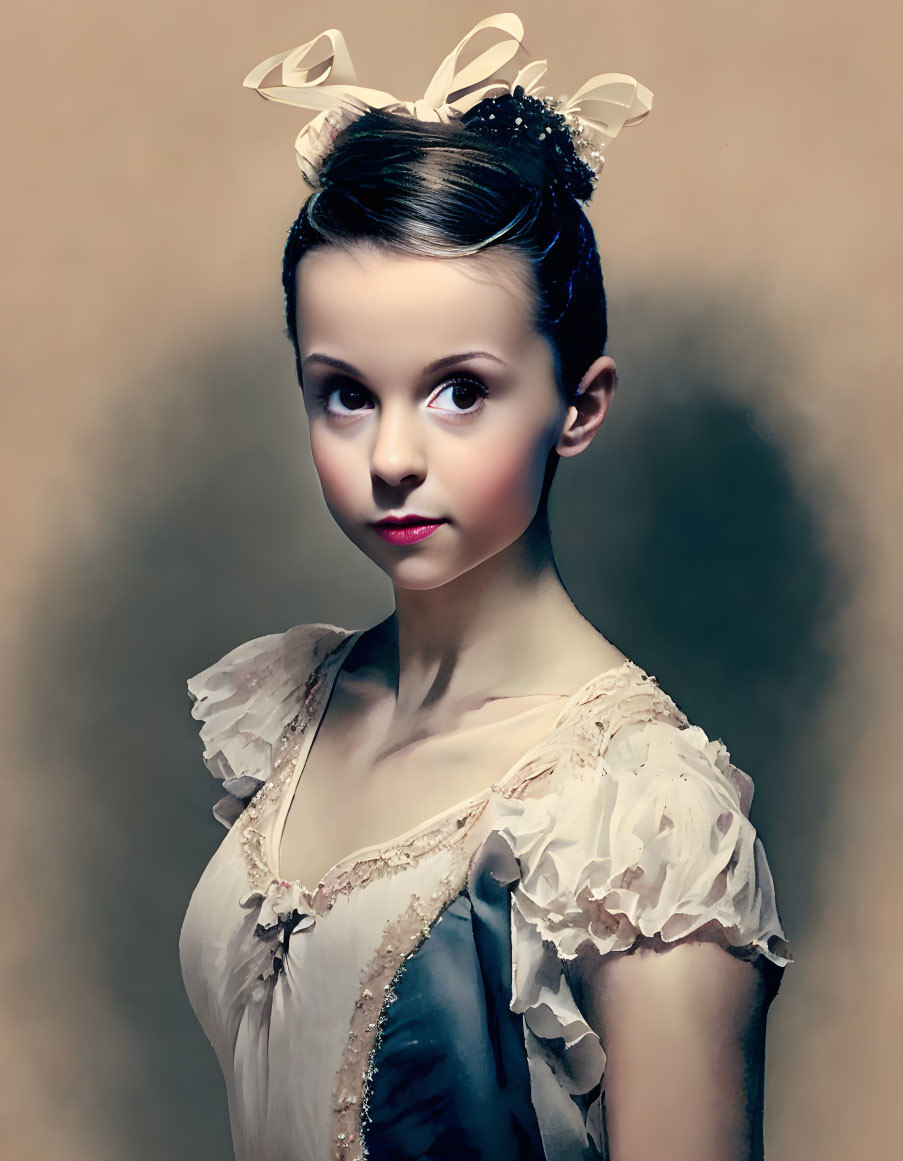 Young individual in vintage dress with bow hairstyle gazes at camera