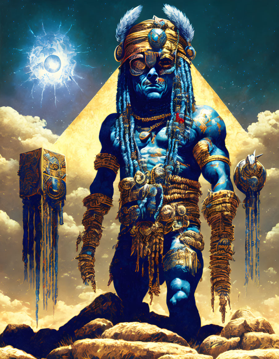 Blue-skinned being in tribal attire under celestial body with ancient stones