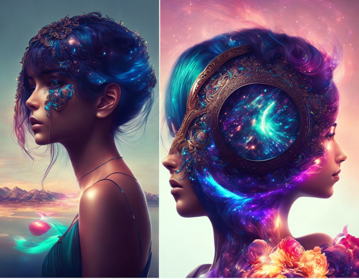 Artistic portraits of woman with fantasy theme, floral and cosmic motifs in hair and headdress, surreal