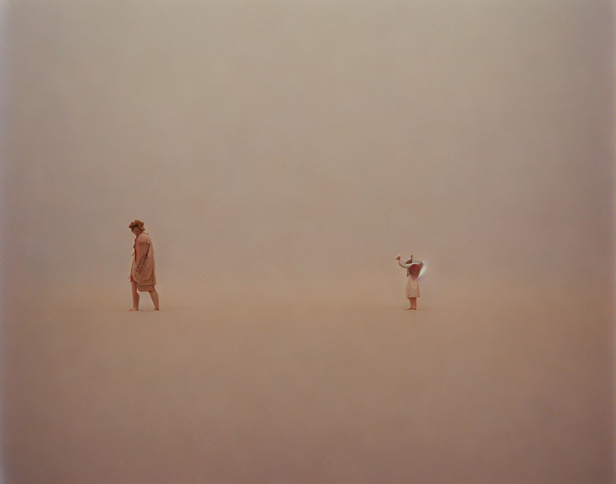 Two figures in foggy, neutral-toned setting, one facing away, the other gesturing.