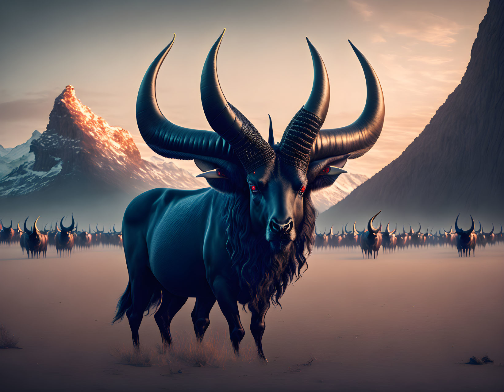 Surreal image: Blue bulls with curved horns in valley at dusk