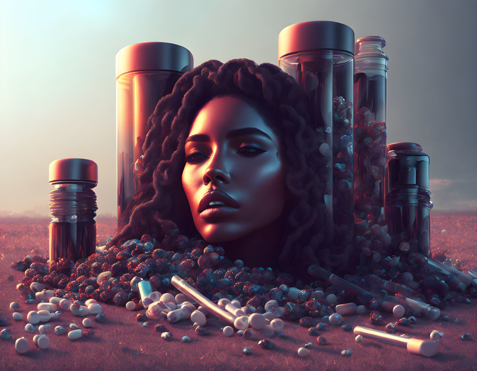 Curly Haired Woman Amid Pills and Bottles on Pink Background