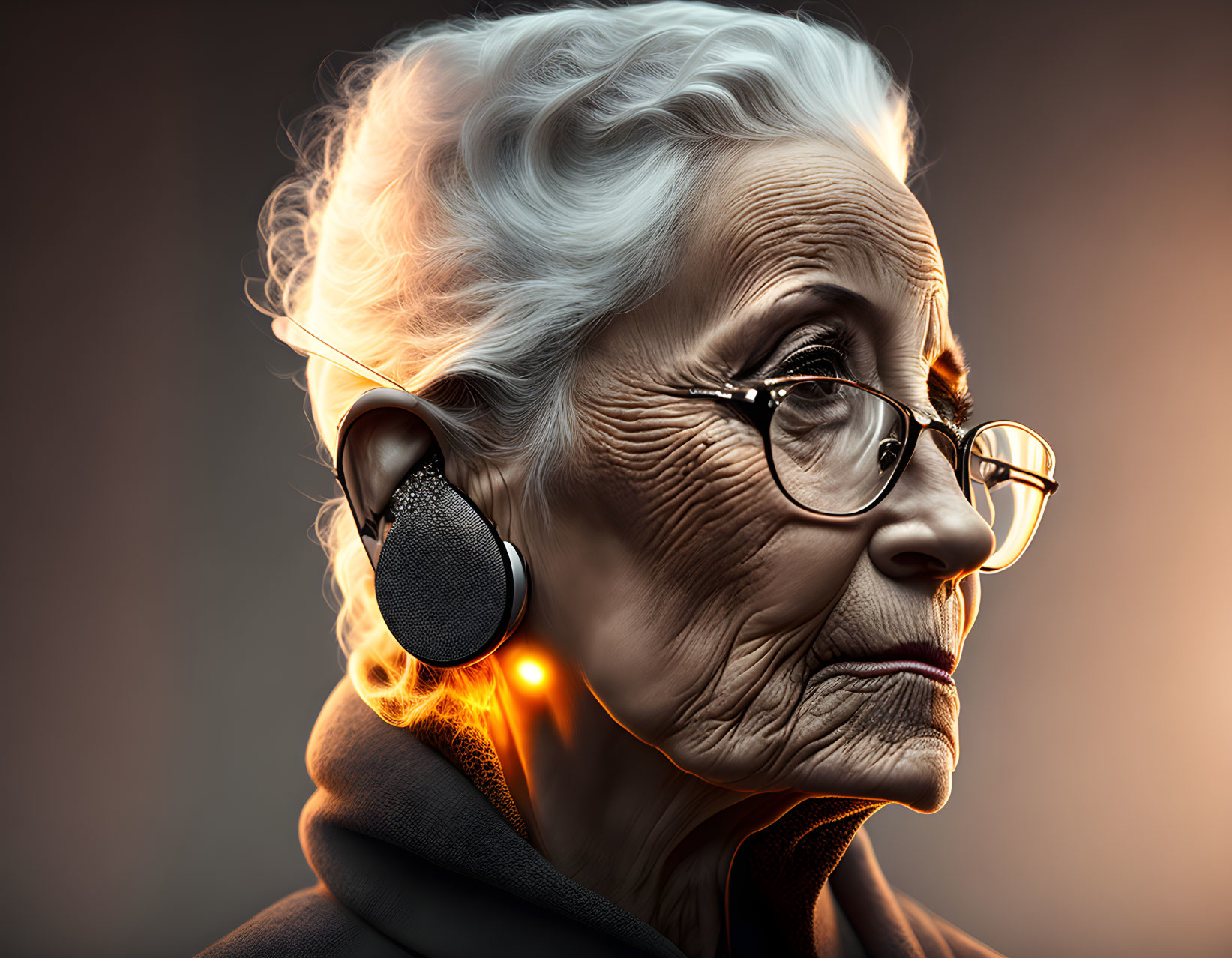 Elderly woman with glasses and hearing aid in warm light