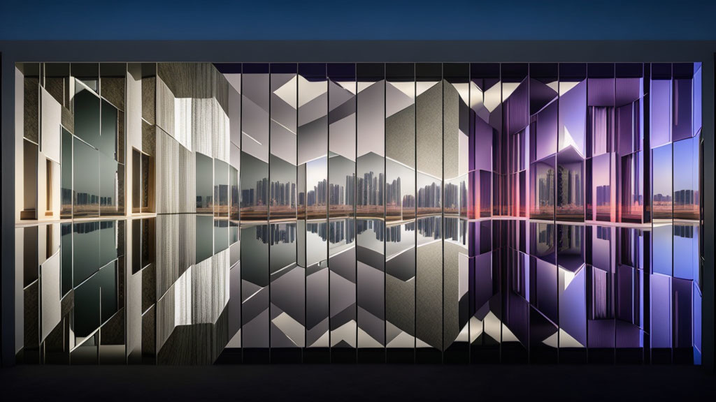 Modern building with geometric patterns reflecting on glossy surface