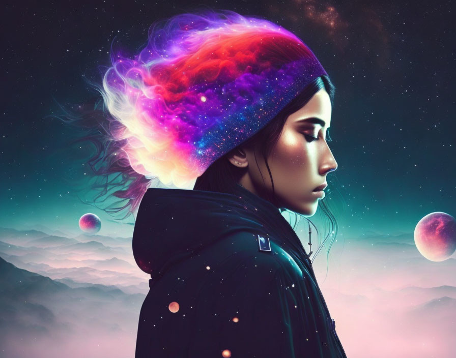 Profile of woman with celestial-themed hair blending into vibrant starry space sky