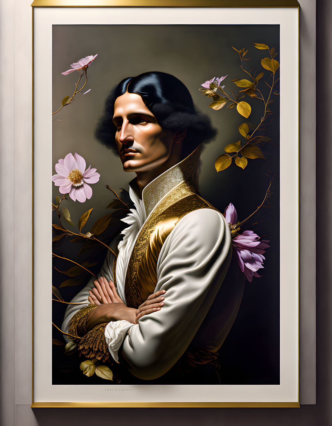 Stylized figure with long dark hair in regal white and gold outfit surrounded by flowers.