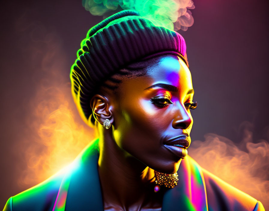 Vibrant neon-lit portrait of a woman with colorful shadows