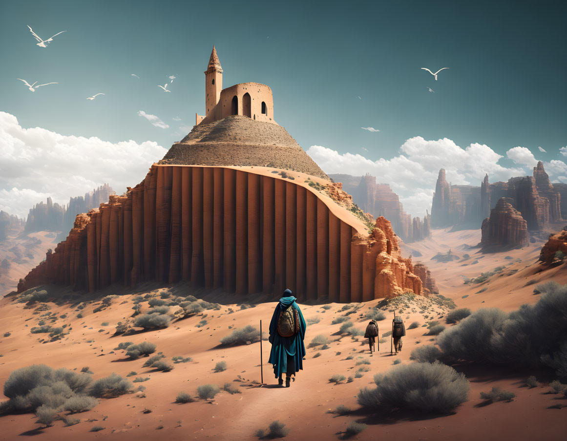 Person in blue walking towards ancient tower in desert with camels and rock formations under hazy sky.