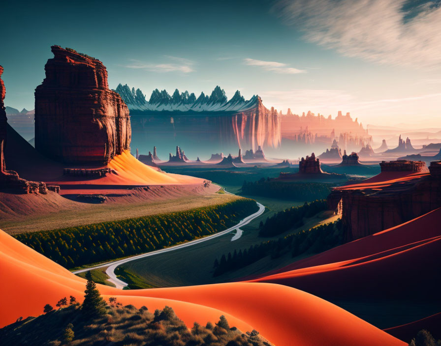 Fantastical landscape: desert dunes, lush meadows, snaking road, towering rock formations