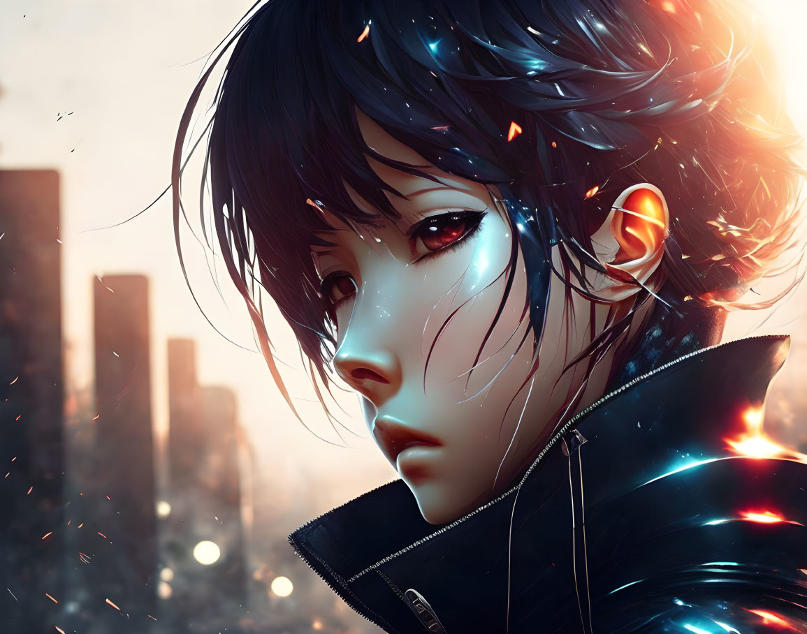 Digital art portrait of female with dark hair and blue glowing marks against cityscape.