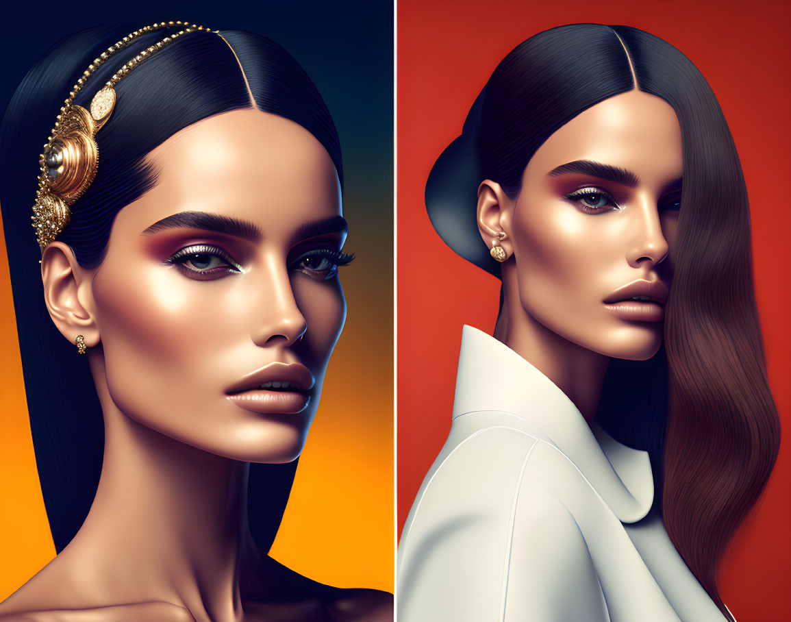 Digital artwork: Woman with sleek hair, headpiece, modern outfit, dual backgrounds