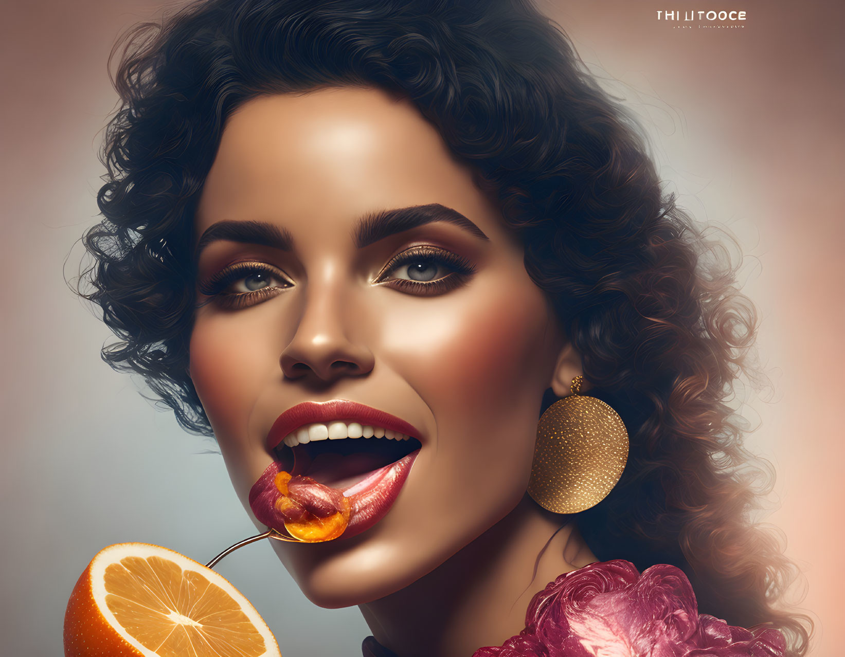 Curly-haired woman with orange slice, big smile, round earrings, ruffled outfit