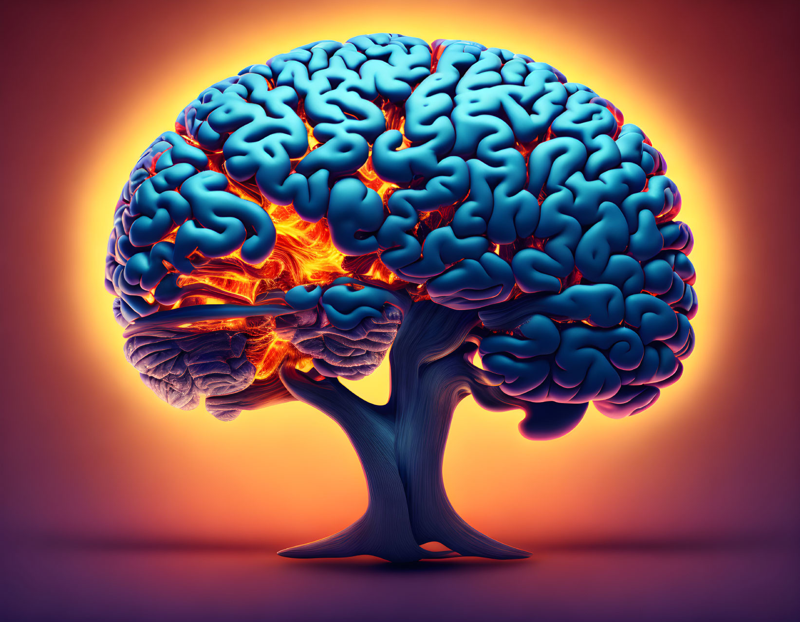 Vivid Blue and Orange Human Brain Illustration with Tree-Like Structure