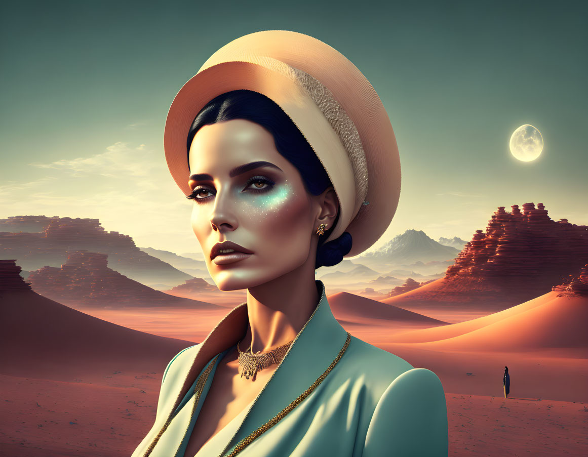 Stylized portrait of a woman with a hat in desert landscape