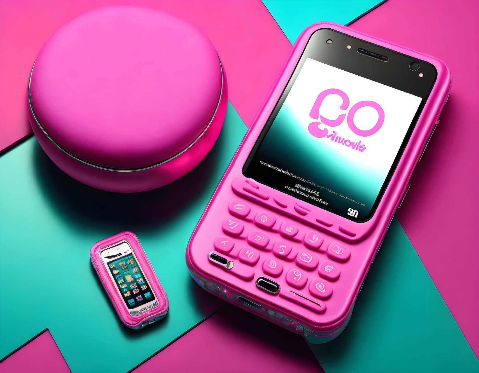 Colorful Pink Mobile Phone with Full Keyboard on Teal Background