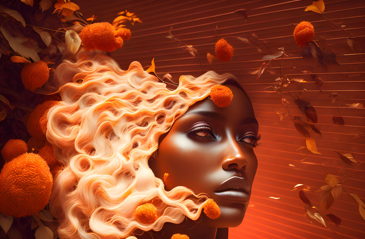 Woman with flowing hair in orange foliage and spherical blooms under warm lighting