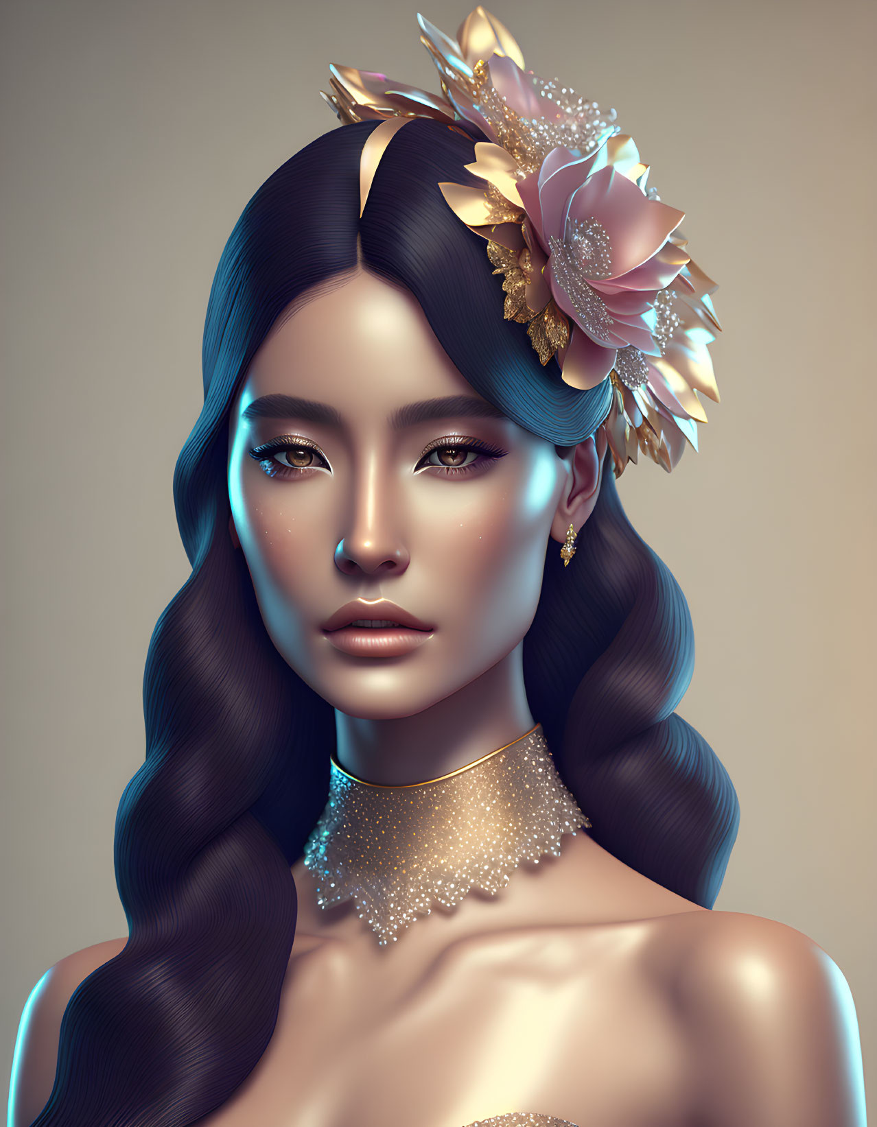 Blue-haired woman with golden floral accessories and choker portrait.