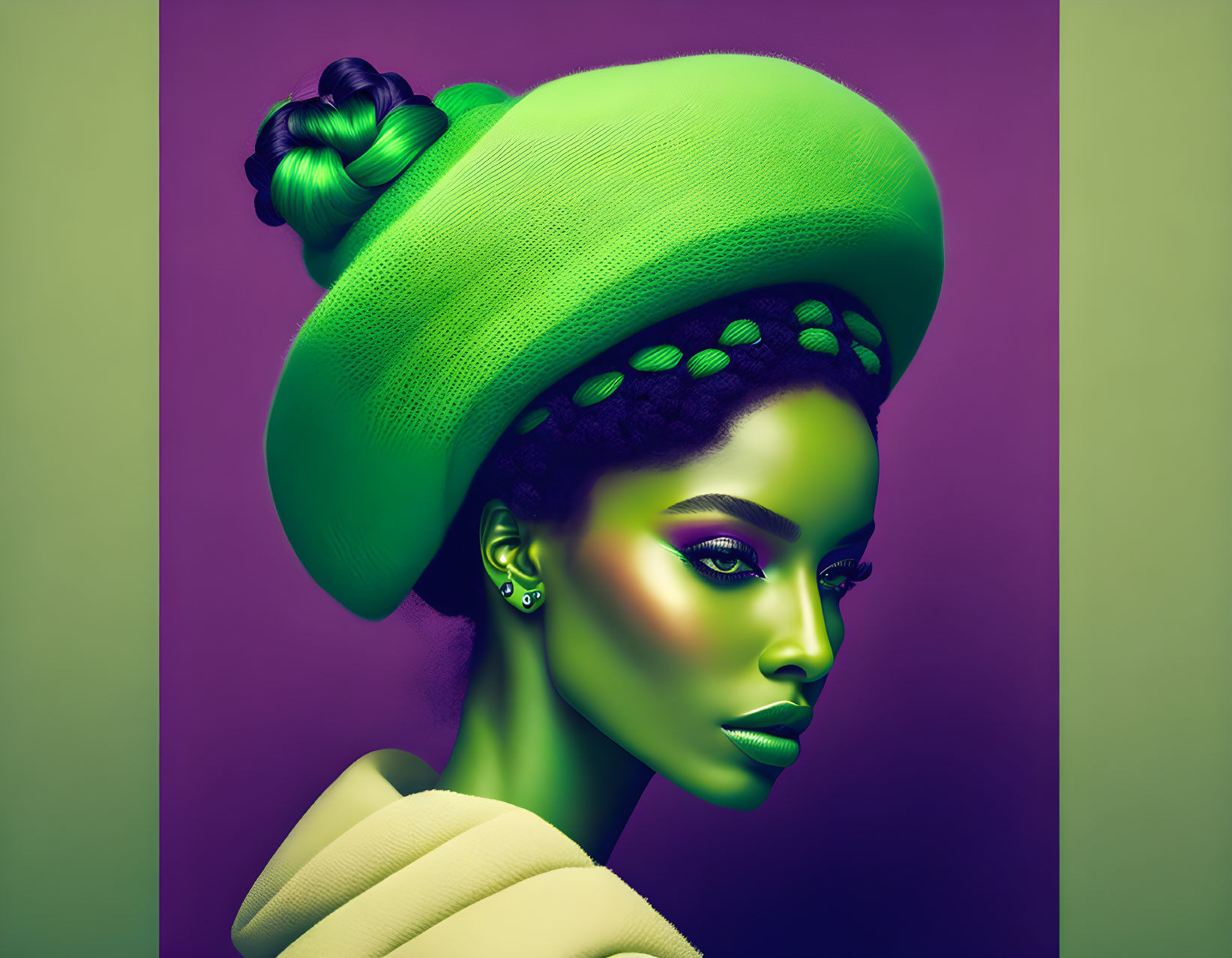 Vibrant digital artwork of woman with green skin and beret on purple background