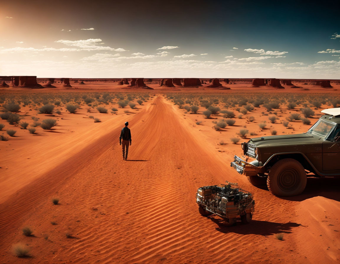 Person walking away from off-road vehicle in desert landscape