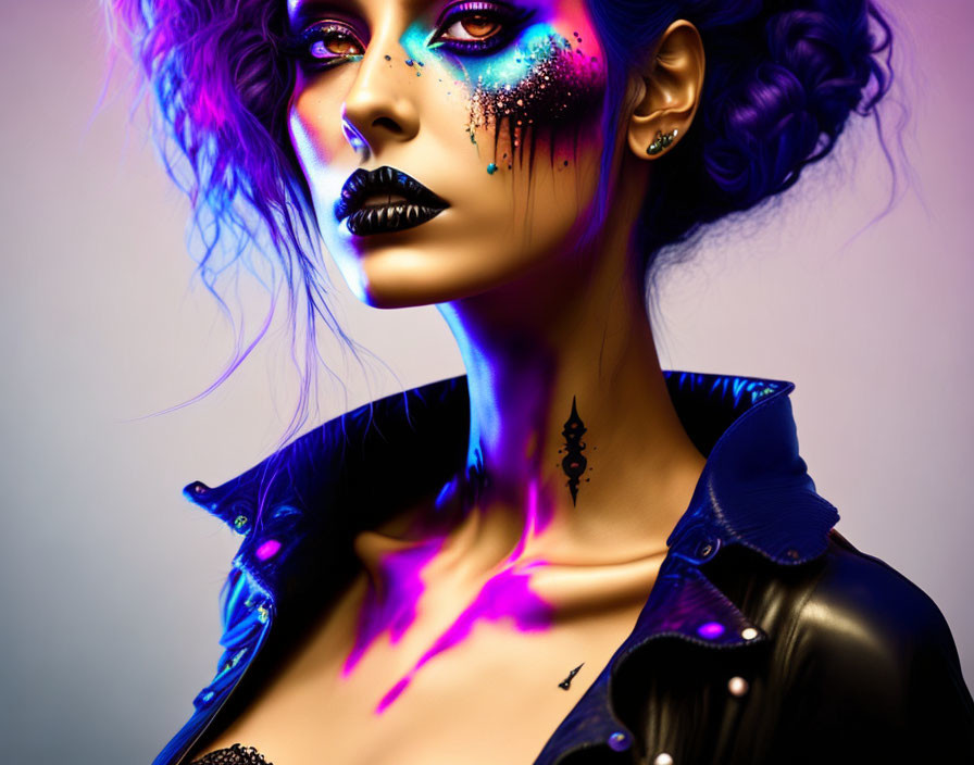 Vibrant neon makeup with glowing paint splashes on woman's face