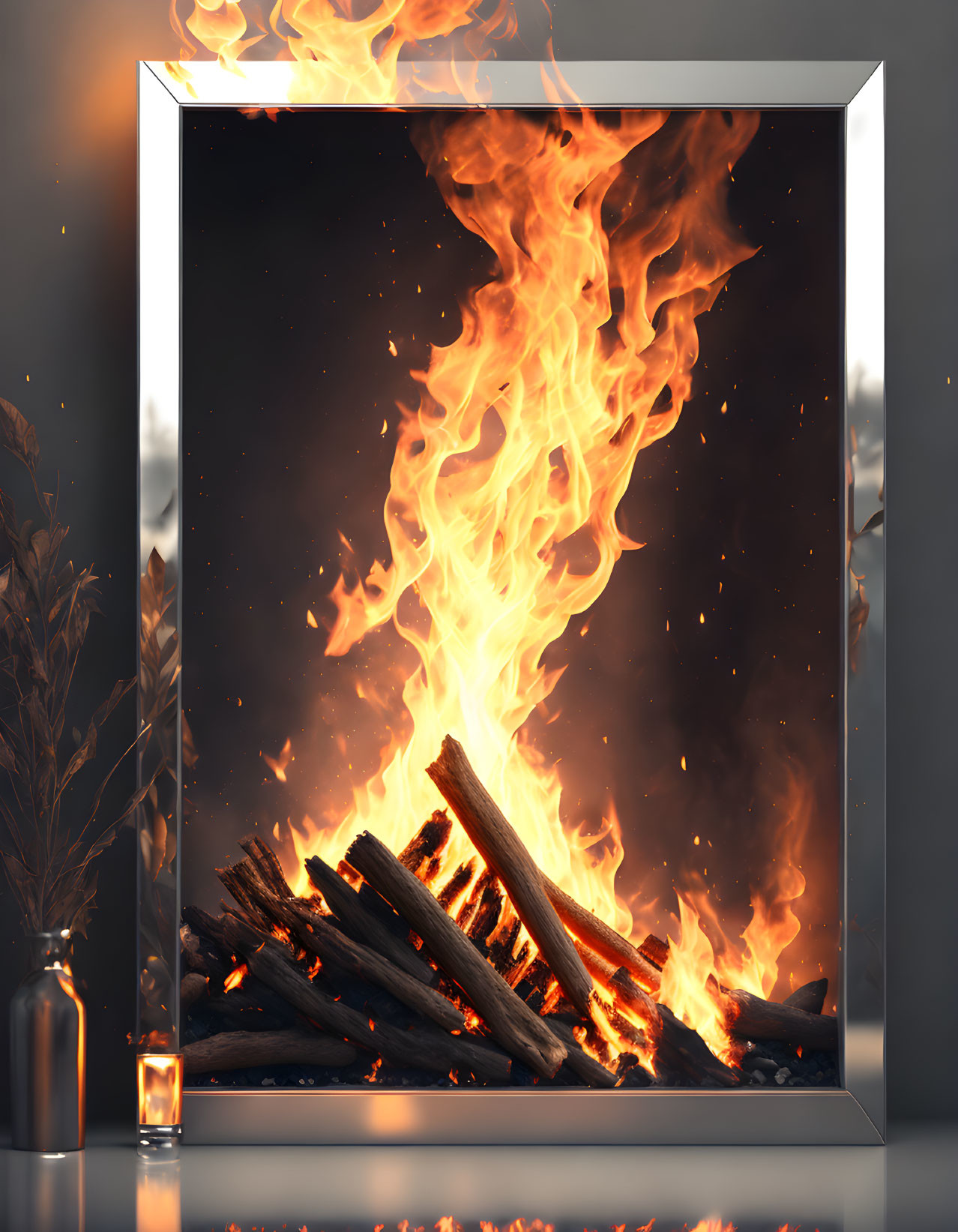 Digital Art: Roaring Fire in Picture Frame with Intense Flames