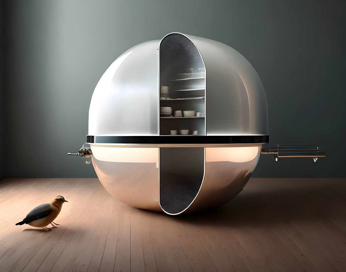 Modern spherical house with open sliding door next to bird on wooden floor