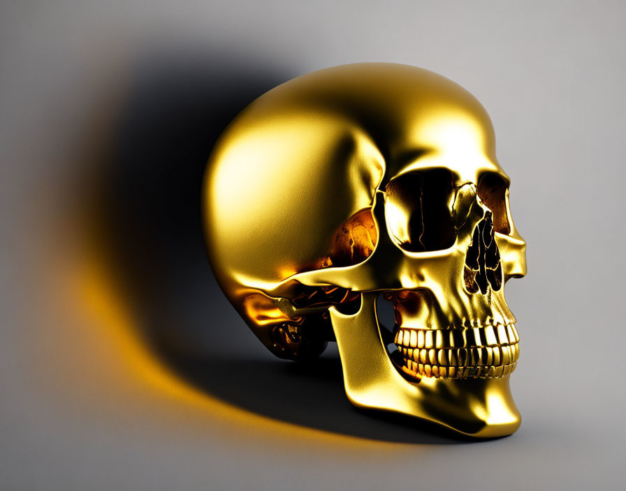 Golden Skull with Blurry Shadow on Grey Background