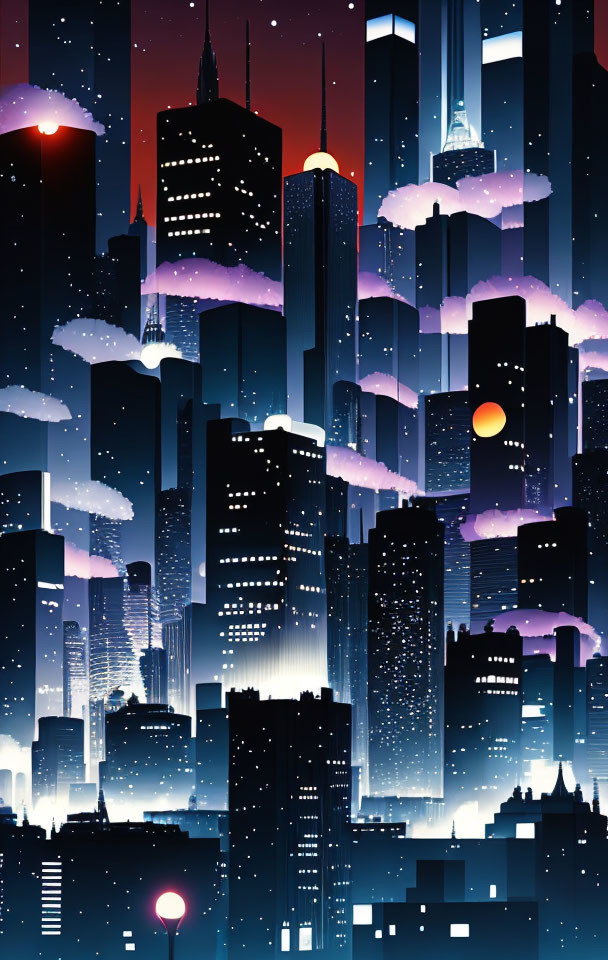 Vibrant cityscape illustration: night scene with glowing skyscrapers