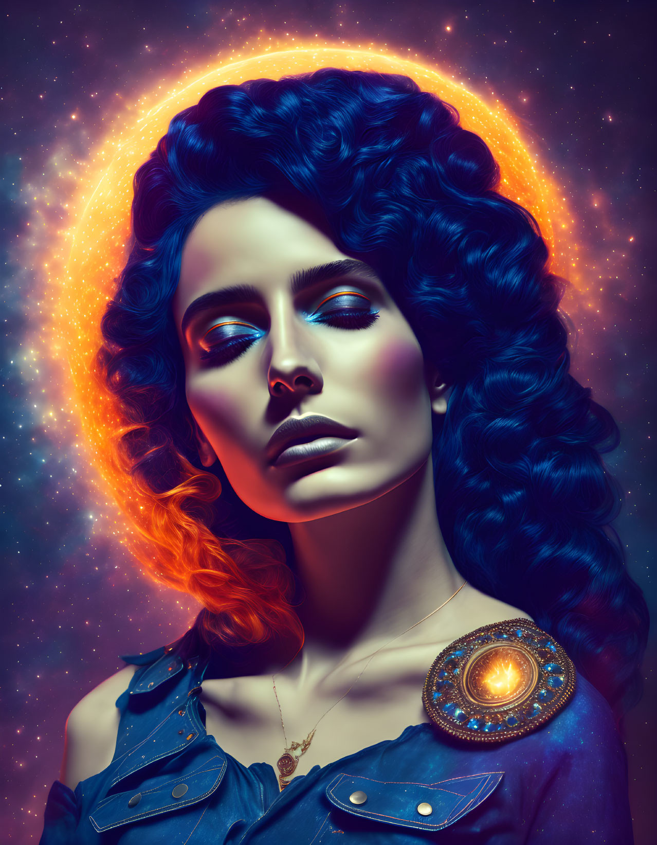 Blue-skinned woman with curly hair in cosmic portrait.