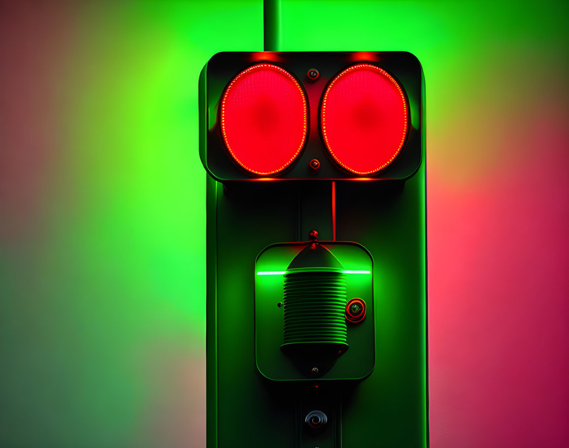 Red Traffic Light Against Green and Red Background