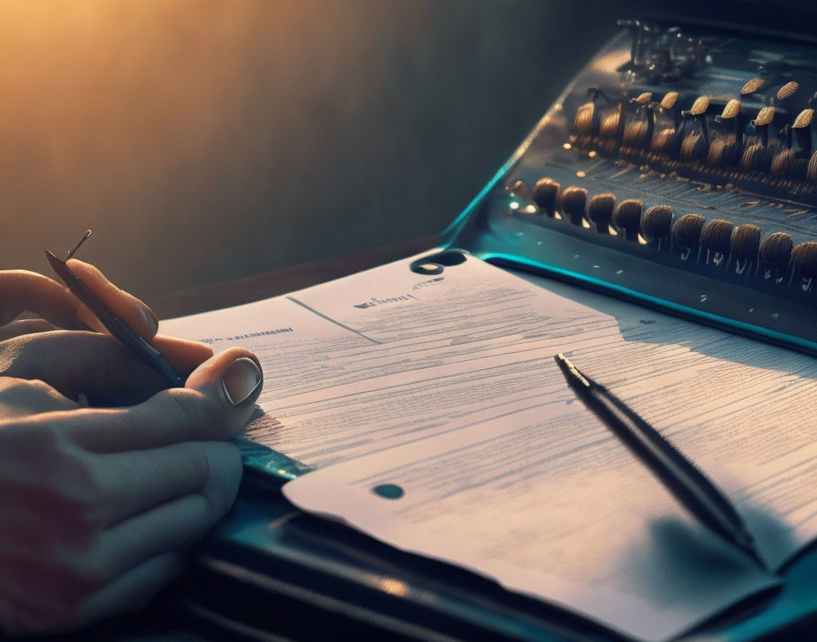 Hand holding pen filling out form next to vintage typewriter under warm light