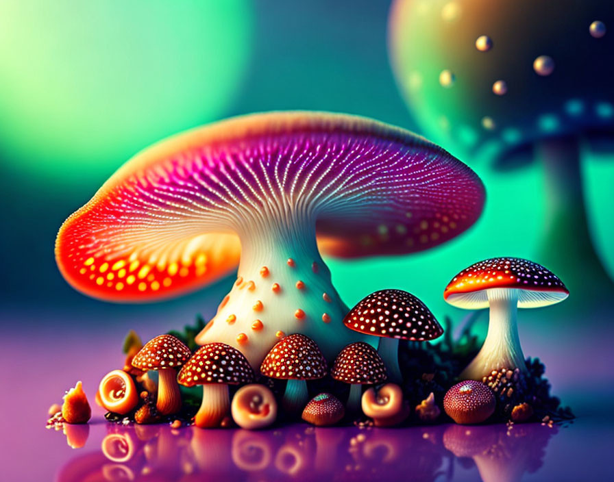 Vibrant stylized mushrooms with glowing dots and patterns on blurred green and purple backdrop