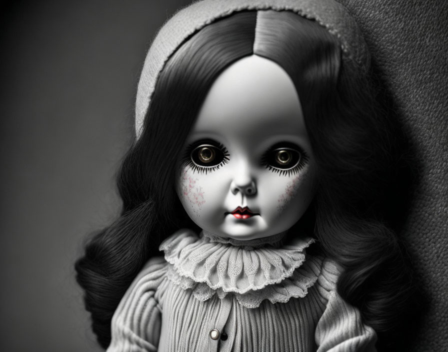 Monochrome vintage doll with dark eyes and bonnet