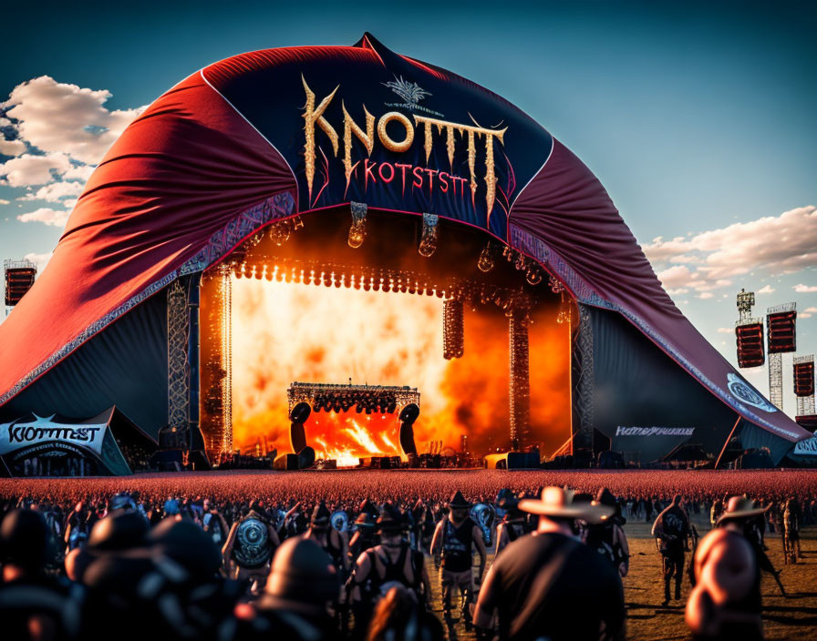 Vibrant evening sky at music festival with "KNOTFEST" stage.