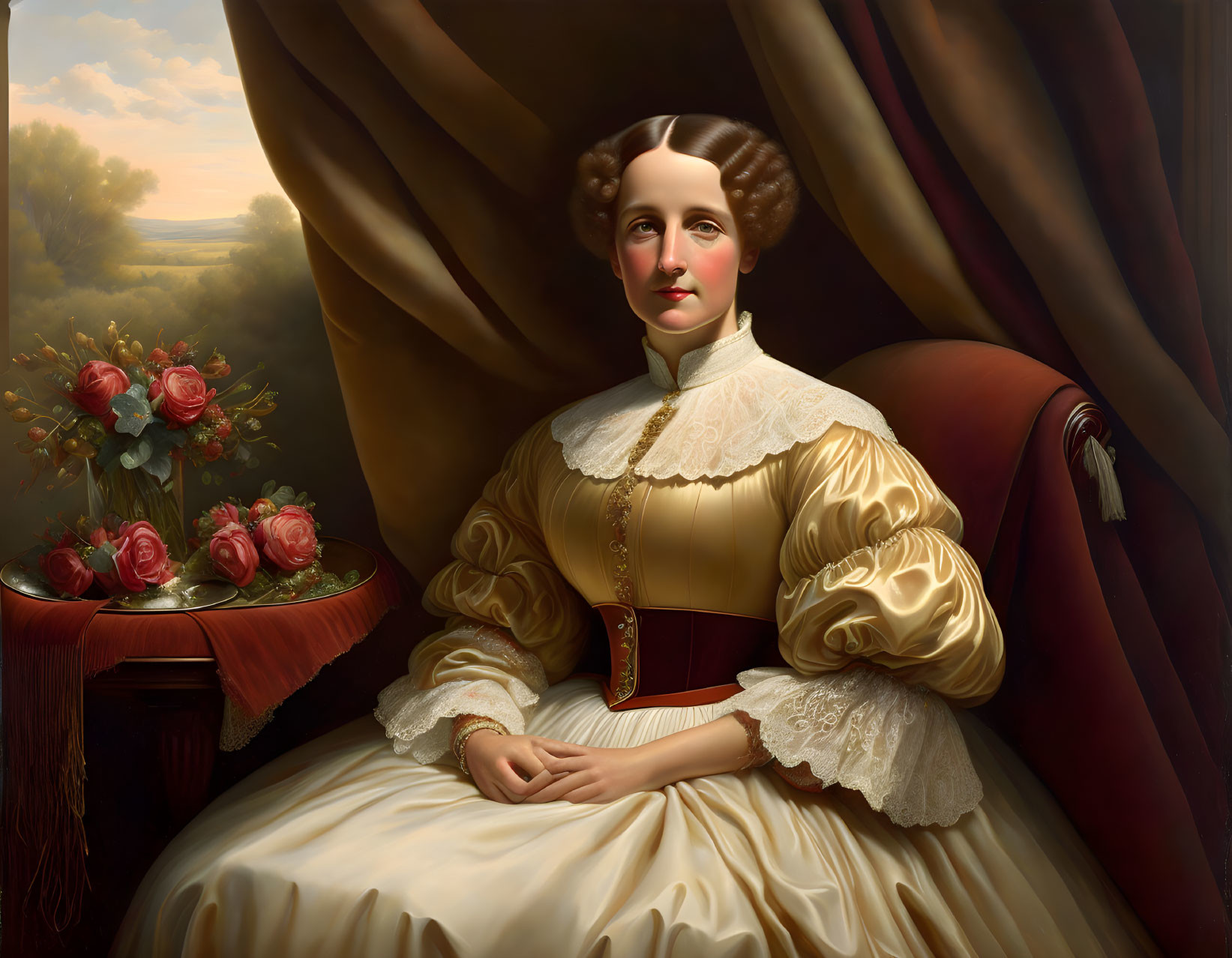 Historical portrait of a woman with puffed sleeves and roses in a classic setting