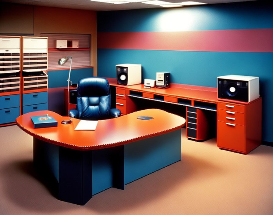 Colorful Office Decor with Blue Chair, Curved Desk, Red & Blue Walls, Shelves,