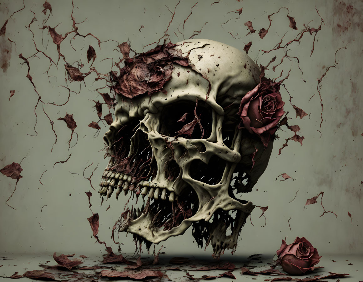 Human skull with roses and vines on somber backdrop