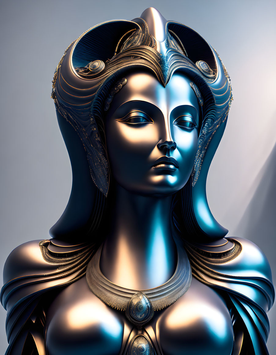 Futuristic metallic-skinned female figure with ornate headdress