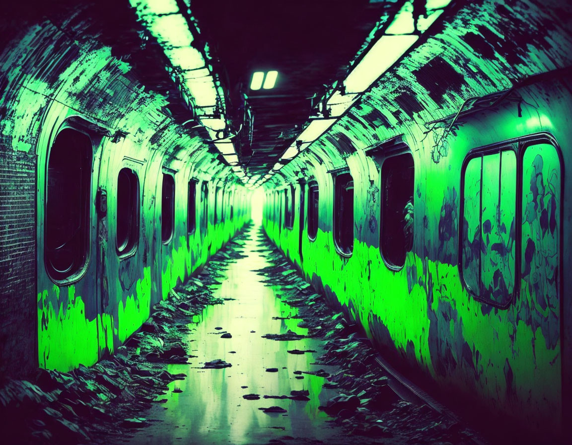 Abandoned subway train with graffiti in dimly-lit tunnel