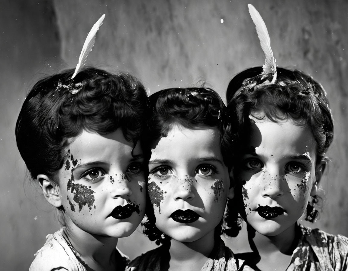 Monochrome photo of three children with bunny ears and face paint