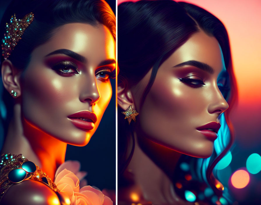 Stylized portrait of a woman with striking makeup and jewelry in dramatic lighting