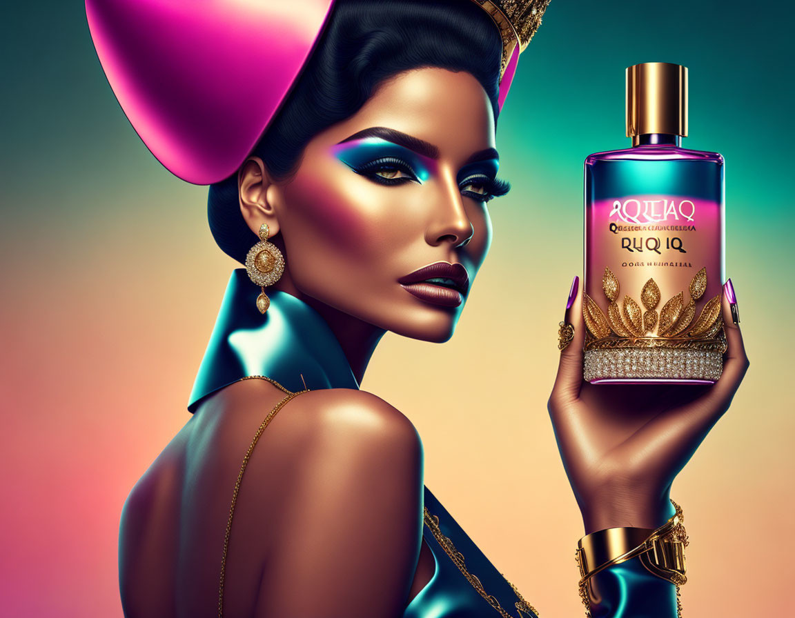 Woman with dramatic makeup and hairstyle holding perfume bottle on colorful background