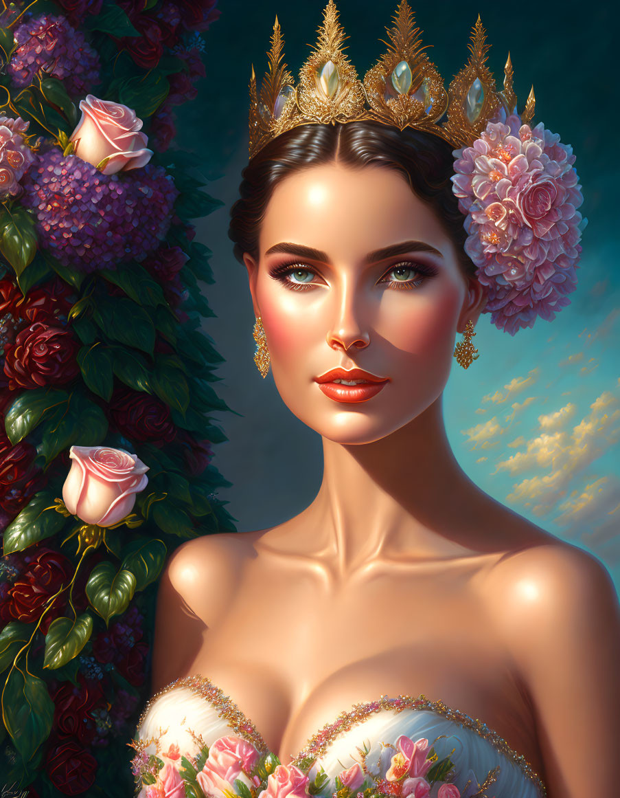 Regal woman with golden crown in rose-themed attire among lush flowers